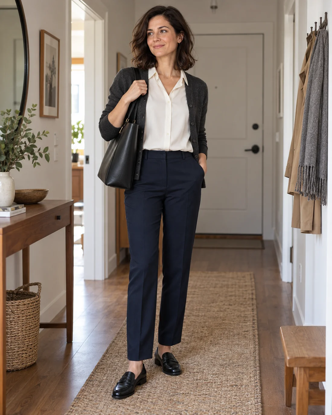 Woman in navy trousers, cream shirt and cardigan with a work bag.