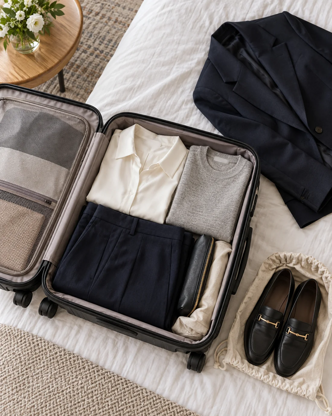 Small suitcase with coordinated trousers, shirts, knitwear and loafers.