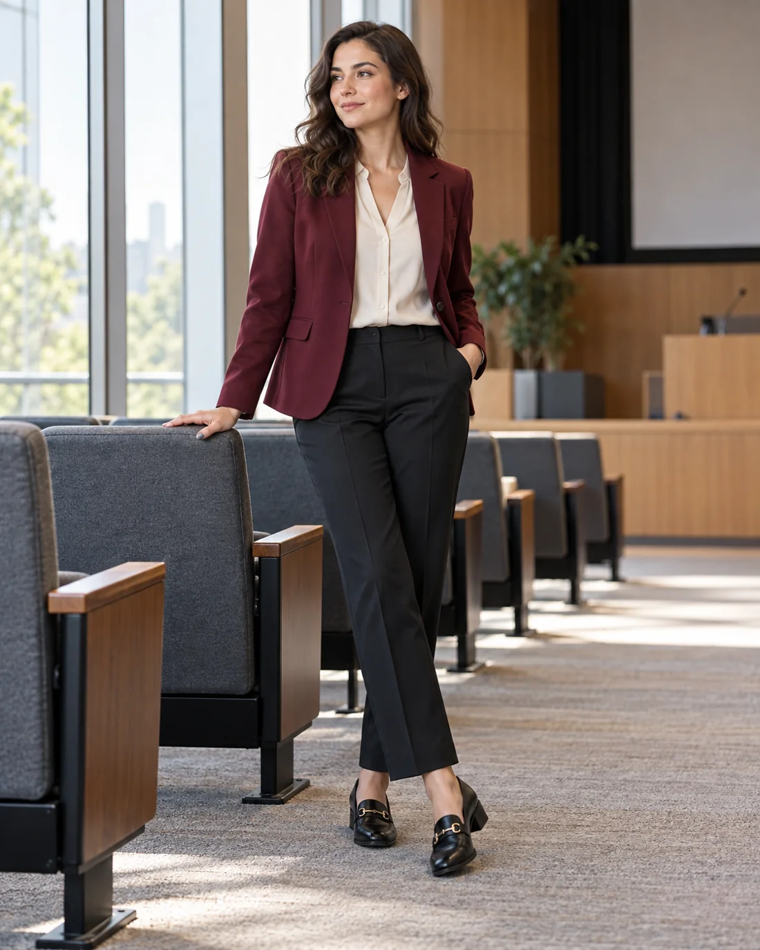 Woman in a burgundy jacket and trousers beside an auditorium chair.