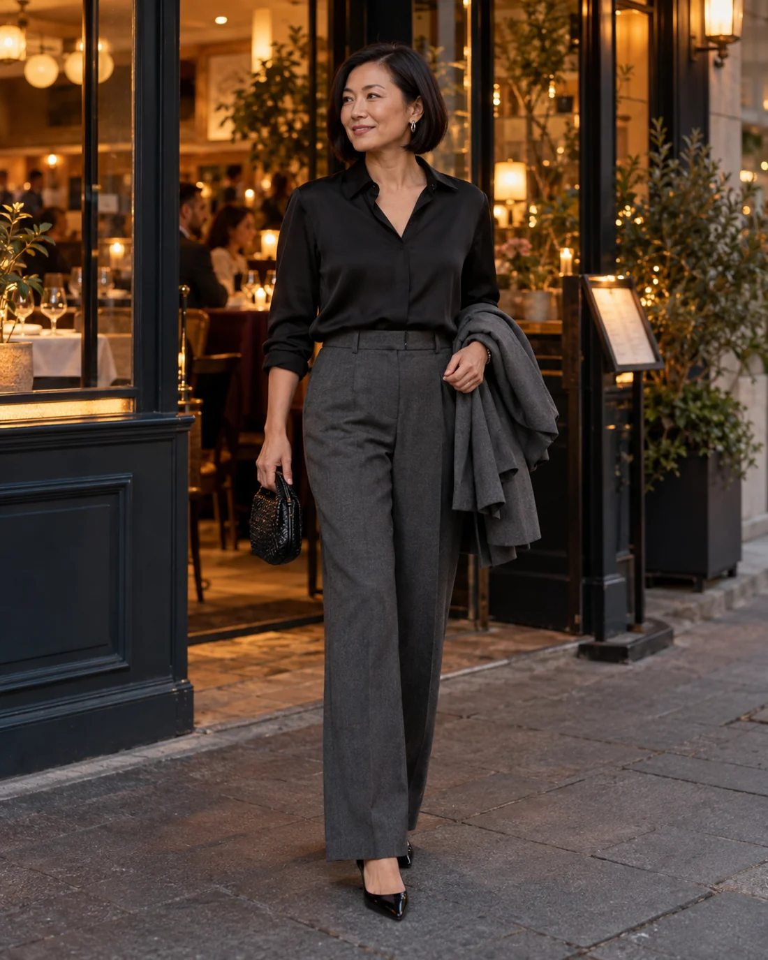 Woman in dark trousers and a blouse carrying her blazer outside a restaurant.