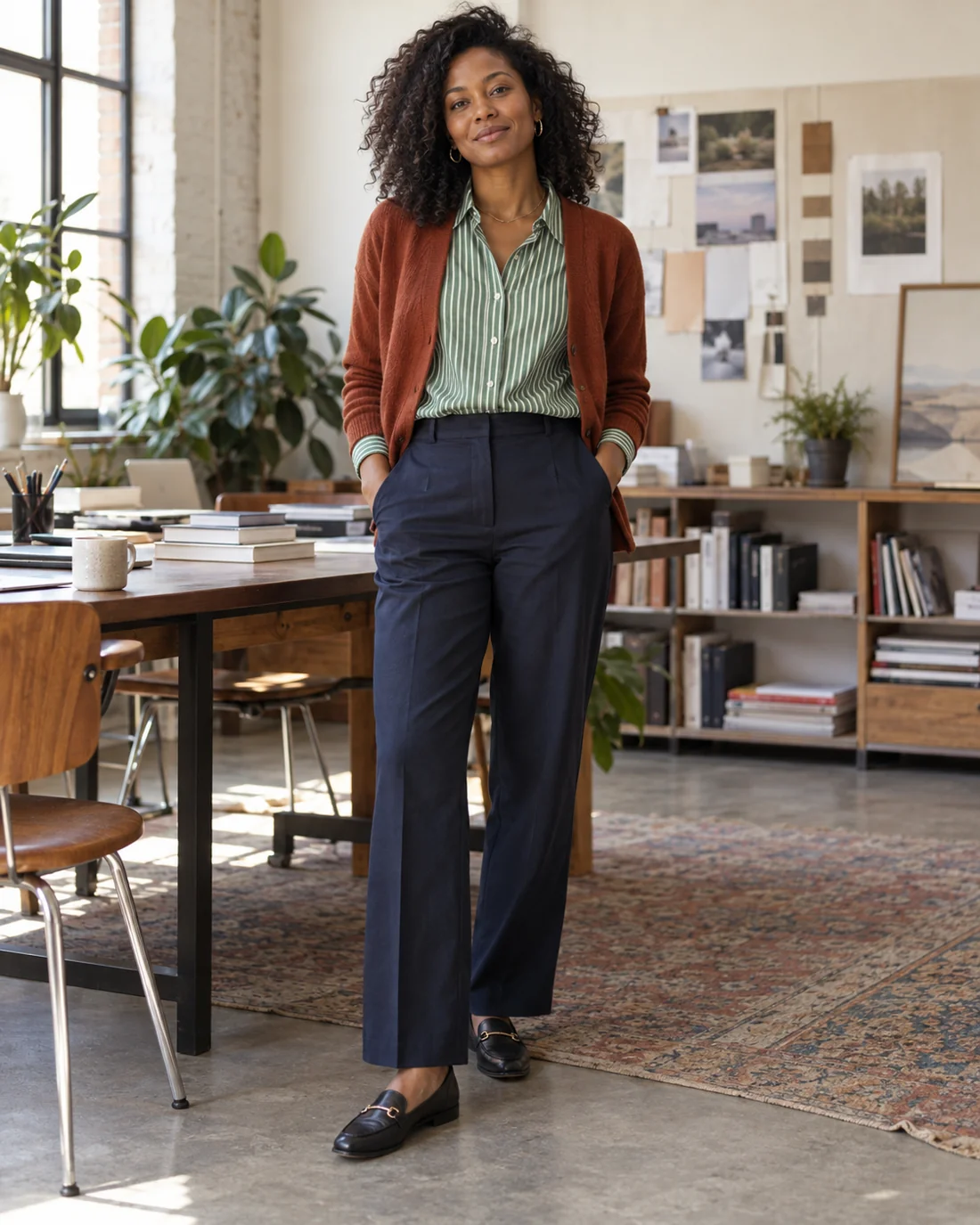 Green striped shirt, rust cardigan and navy trousers.