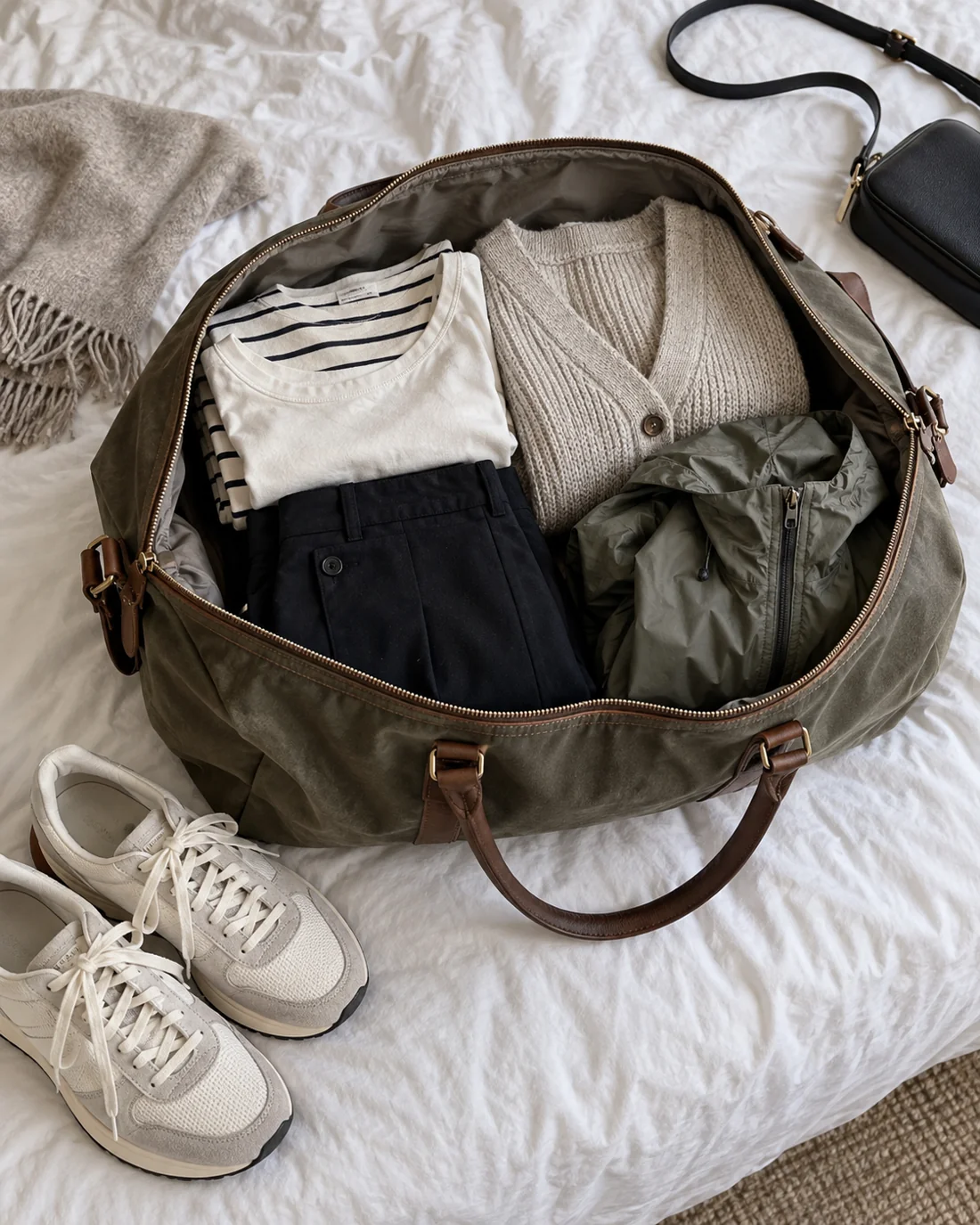 Small travel bag with a few tops, trousers, cardigan and trainers.