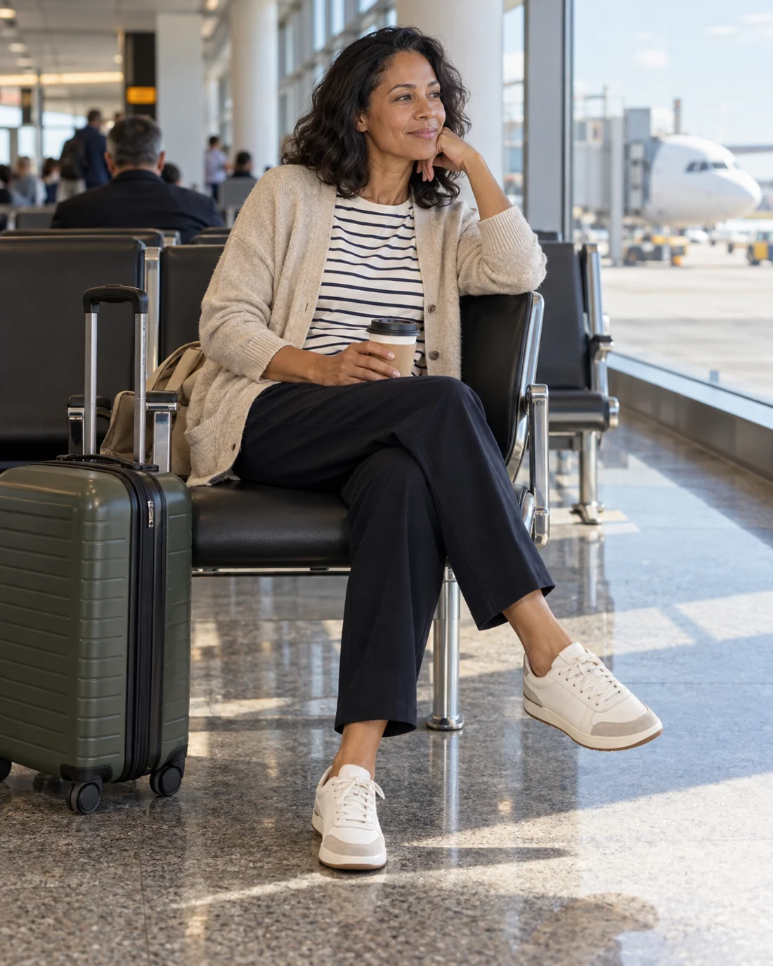 Woman in relaxed trousers and a cardigan with cabin luggage at an airport.