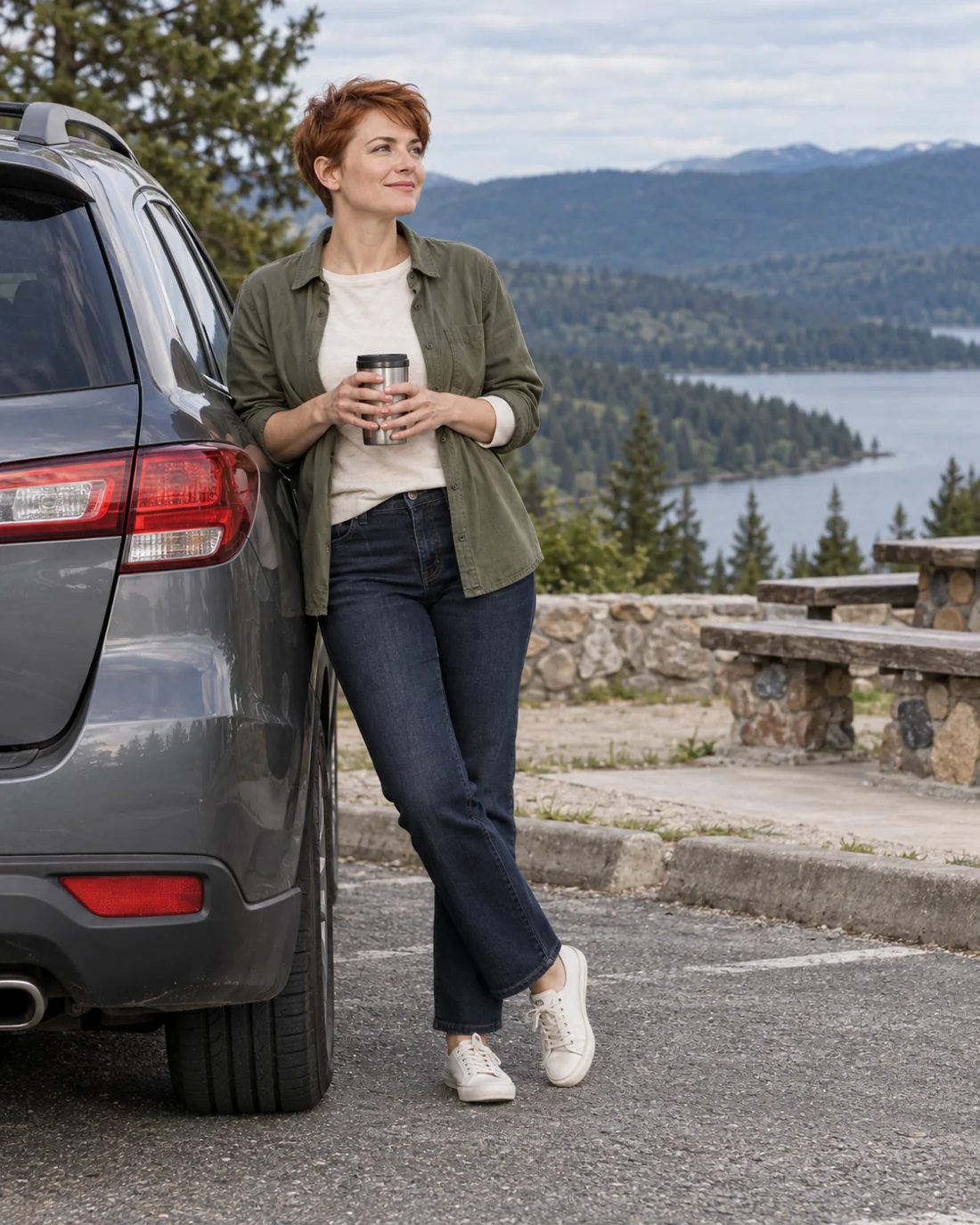 Woman in jeans and an overshirt beside a parked car.