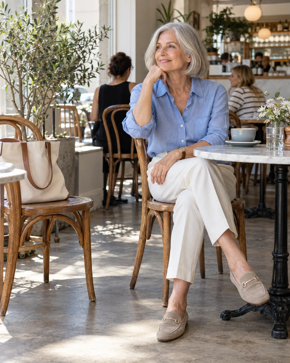 Woman in a blue shirt and light trousers at a brunch table.