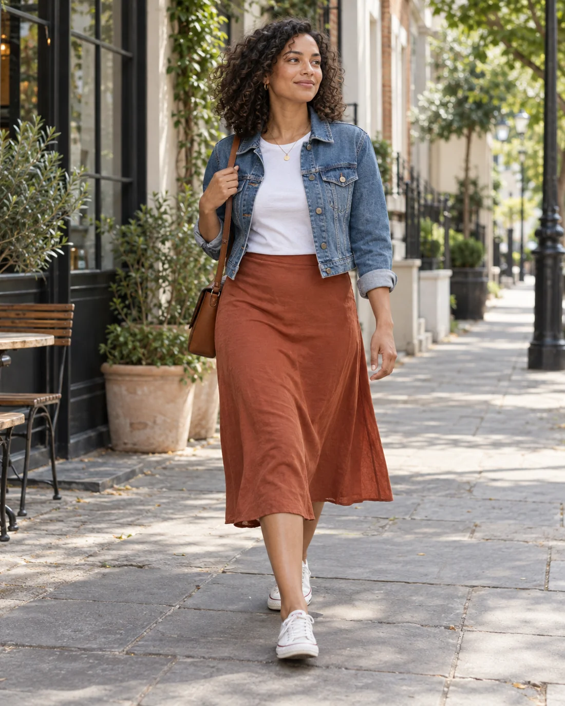 Woman in a rust midi skirt, white T-shirt and denim jacket.