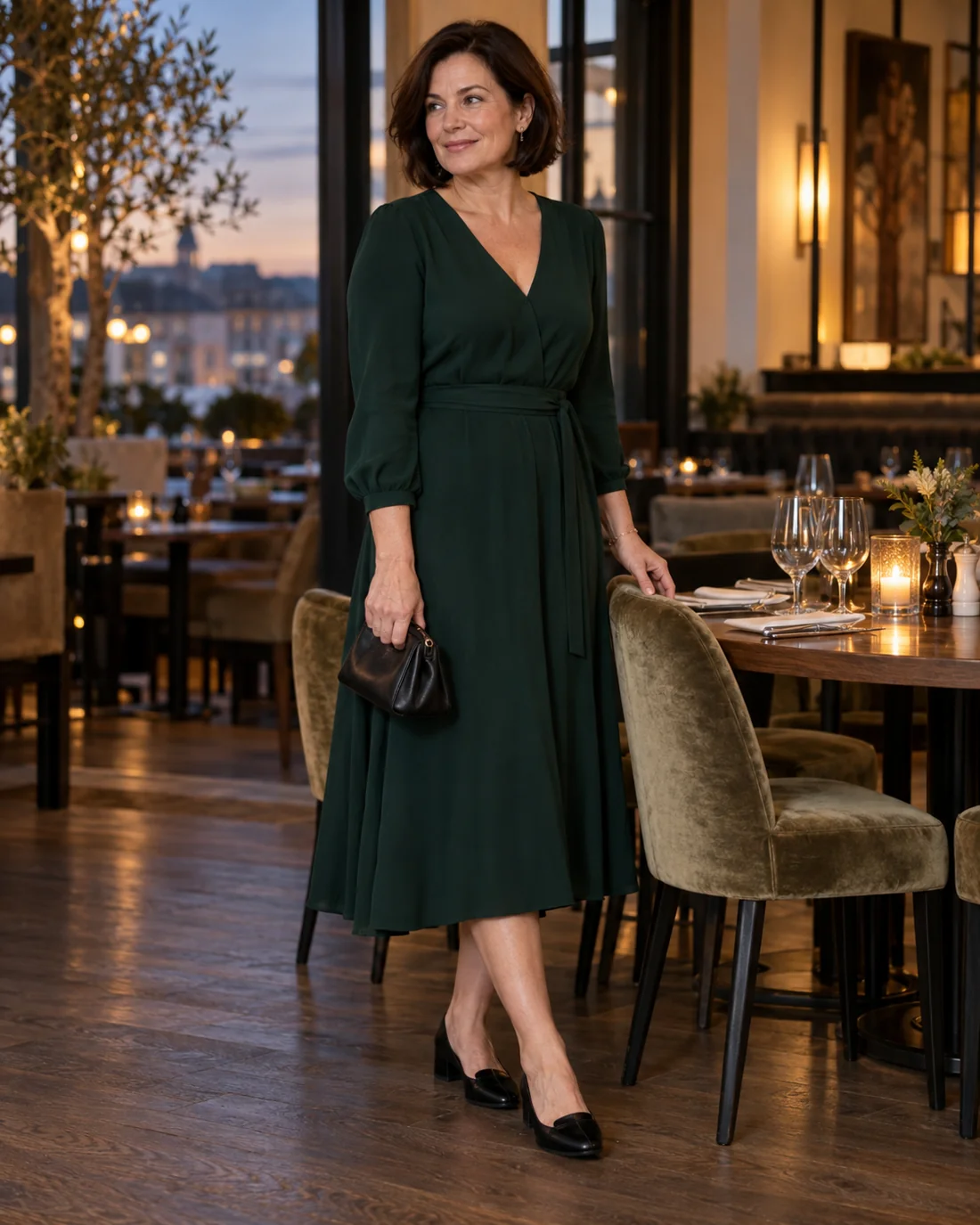 Woman in a dark green midi dress and low shoes in a restaurant.
