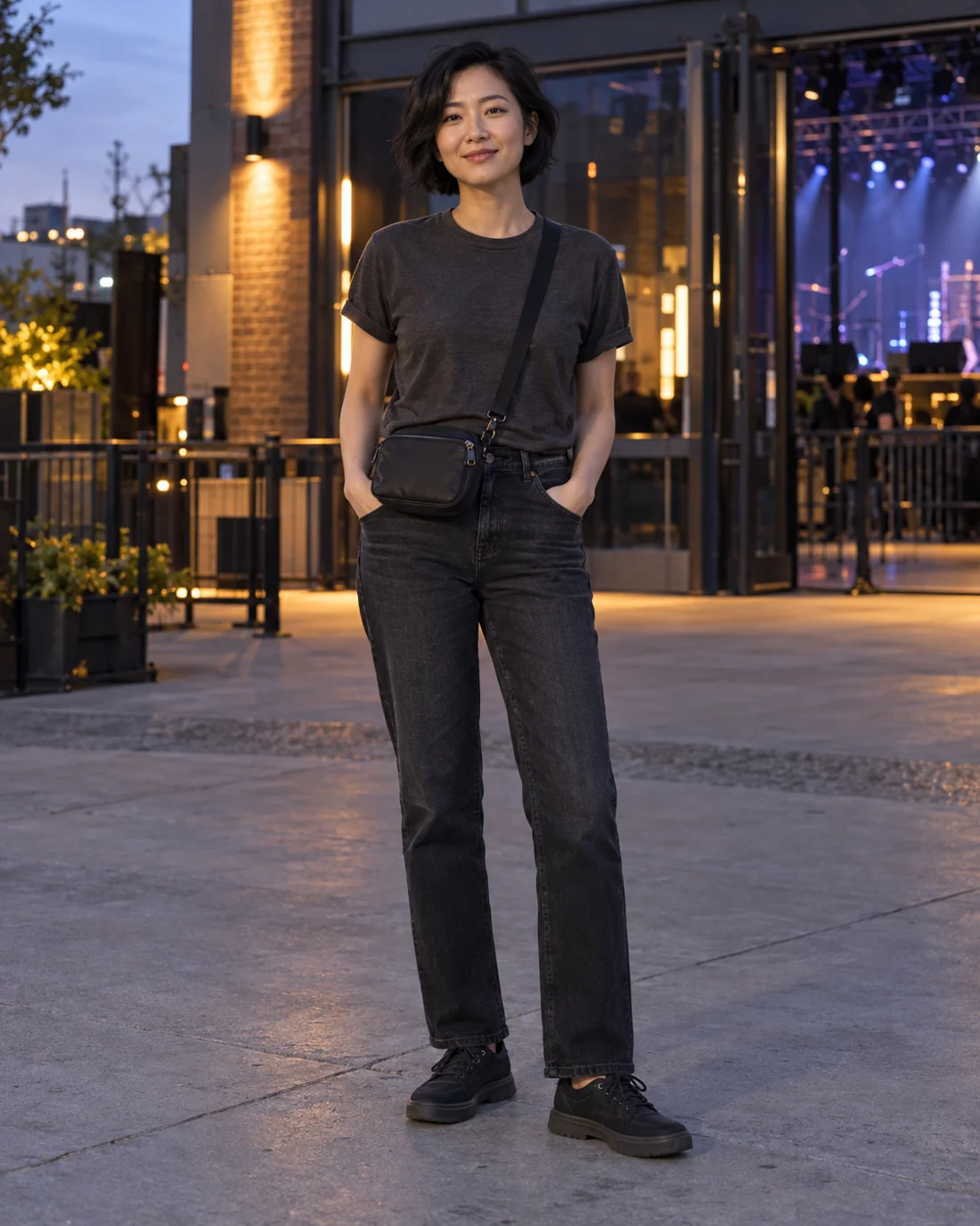 Woman in a T-shirt, jeans and trainers with a small crossbody bag.