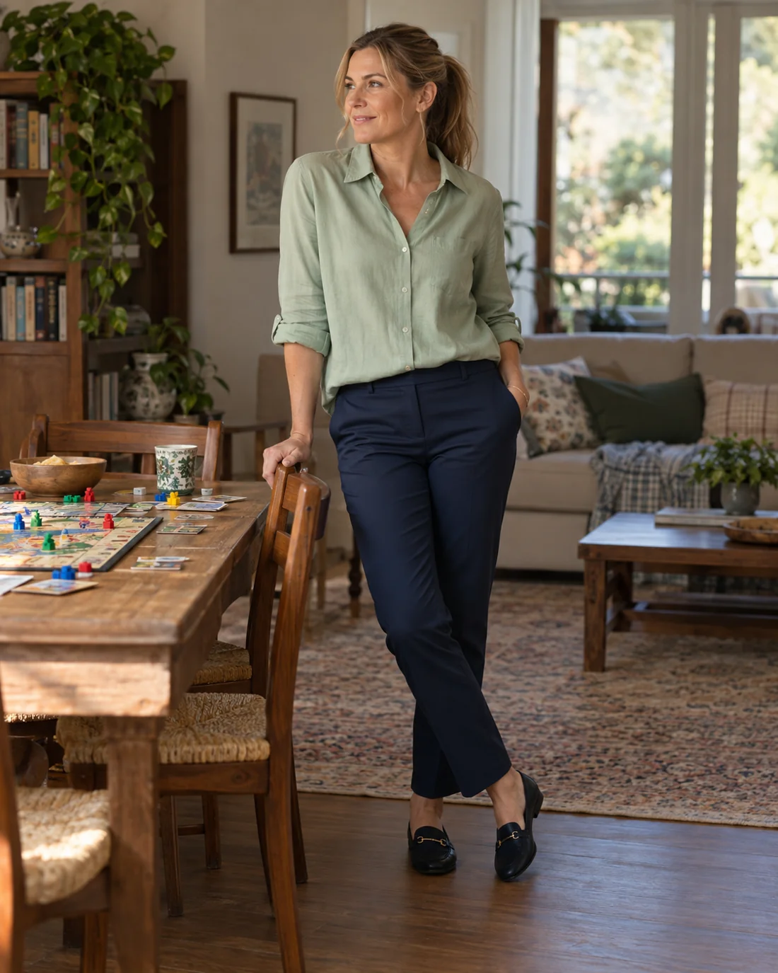 Woman in a pale green blouse and dark trousers beside a game table.