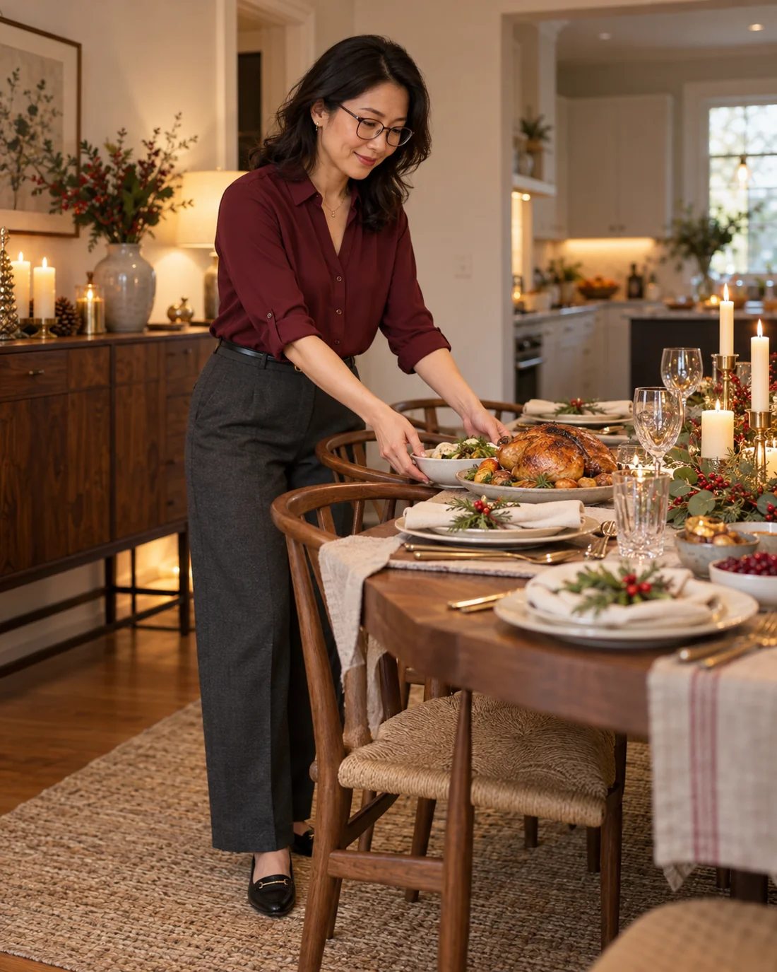 Woman in a burgundy blouse and grey trousers beside a set dining table.