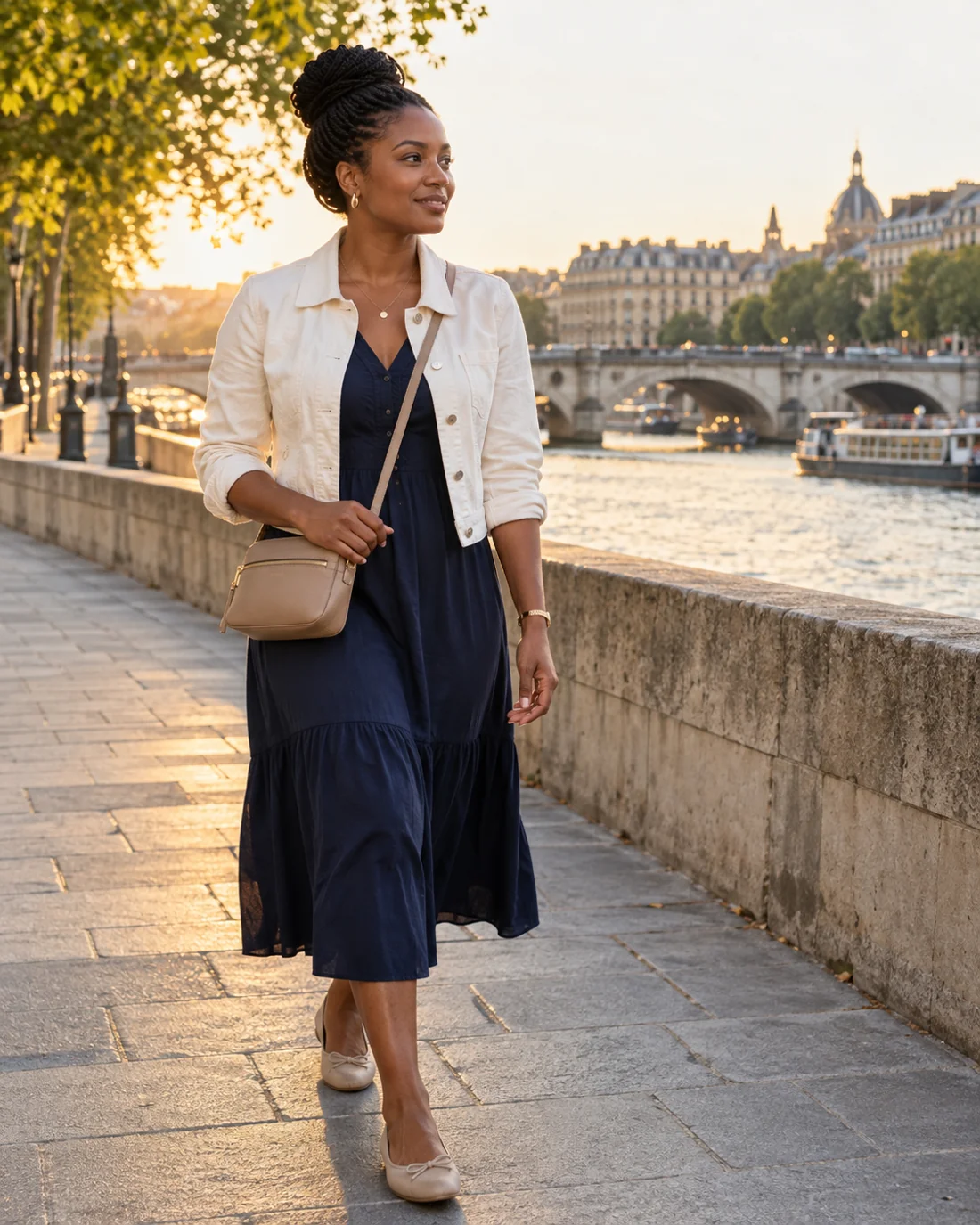Woman in a navy dress and short light jacket beside a city river.