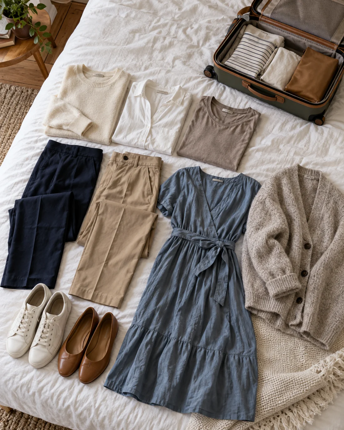 Coordinated garments beside an open suitcase.