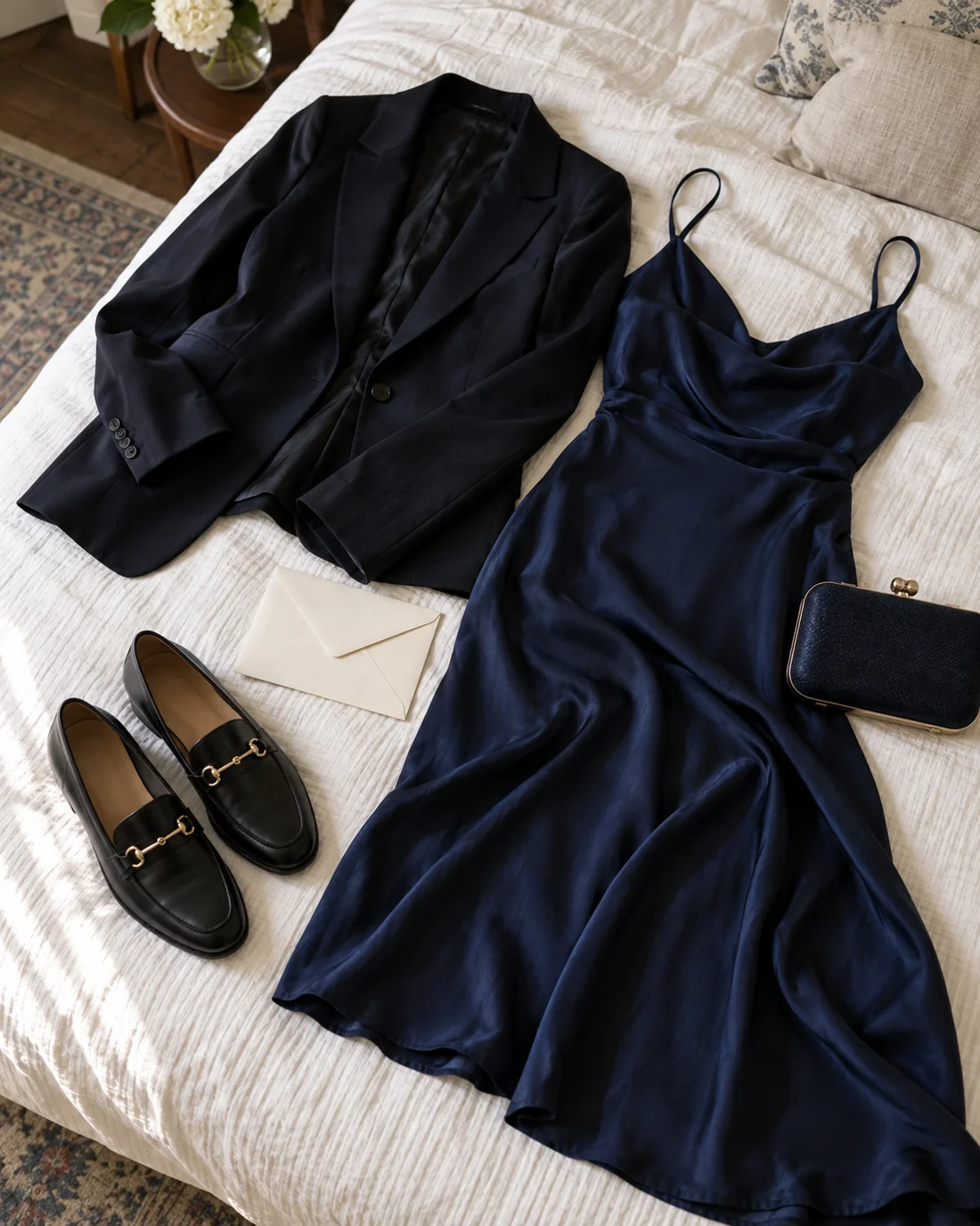 Dress, blazer and shoes beside an unprinted invitation envelope.