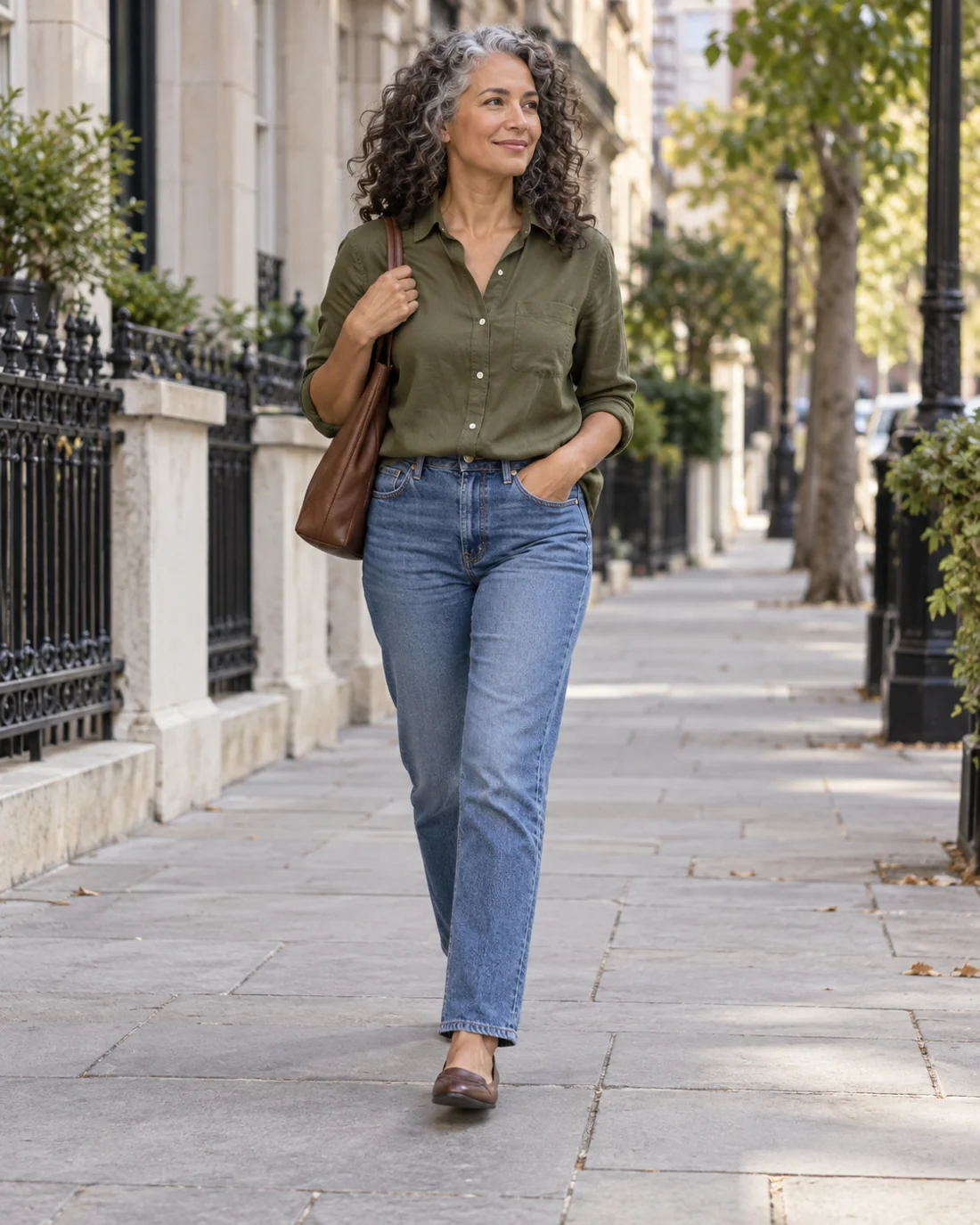 Straight blue jeans with an olive shirt and brown shoes.