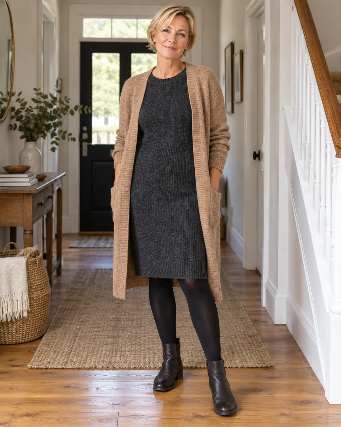 Grey knitted dress with a long open cardigan and ankle boots.