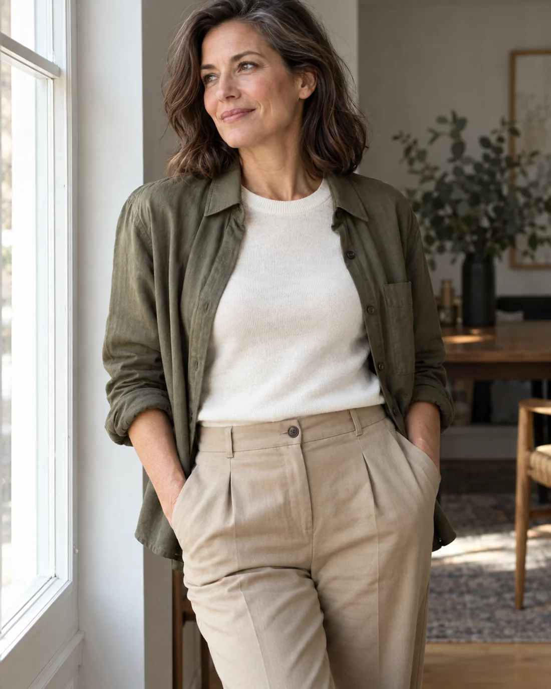 Fine light knit top beneath an open olive shirt.