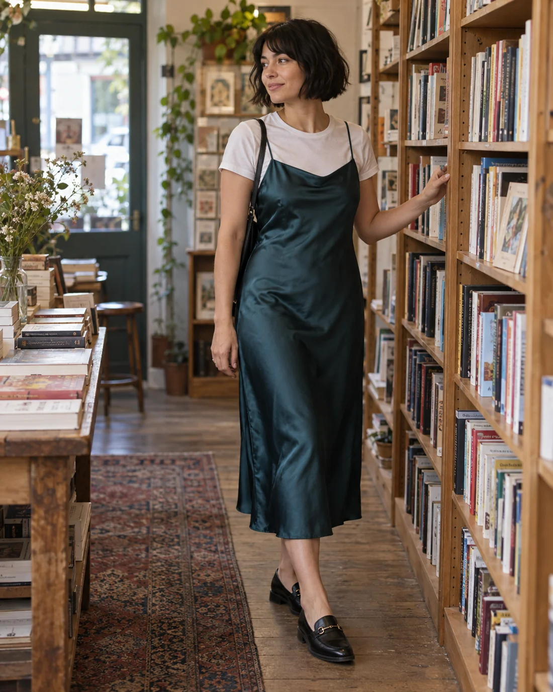 Dark slip dress layered over a white T-shirt.