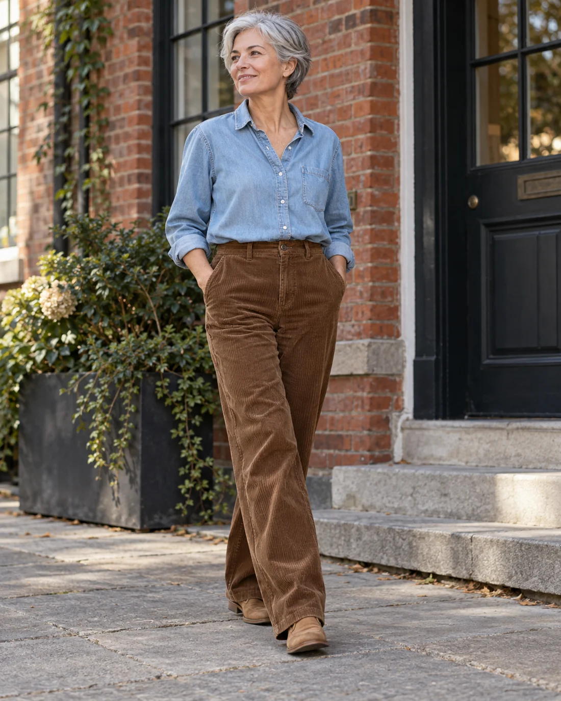 Light denim shirt with brown corduroy trousers.