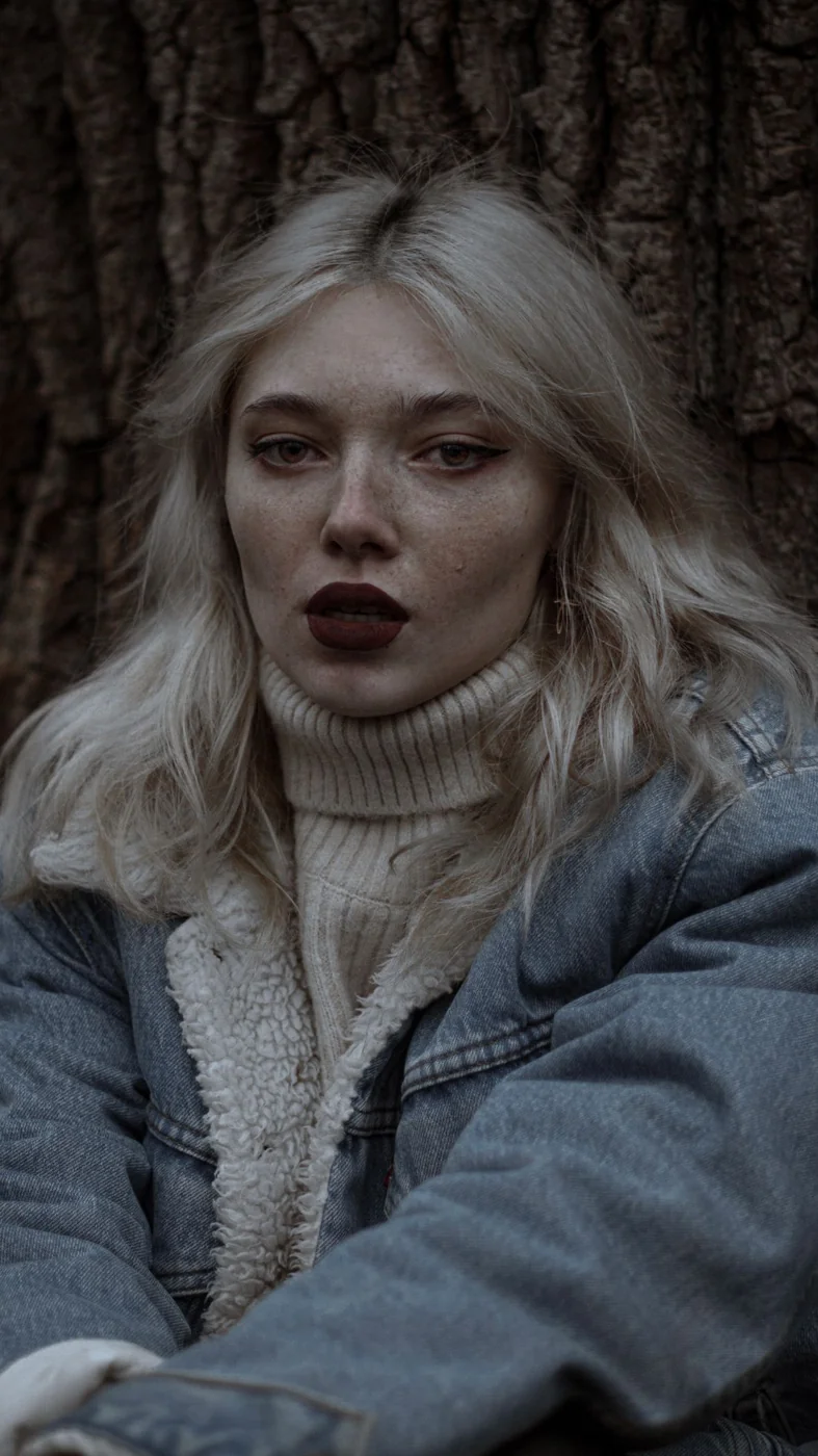 Light turtleneck jumper beneath a denim jacket.