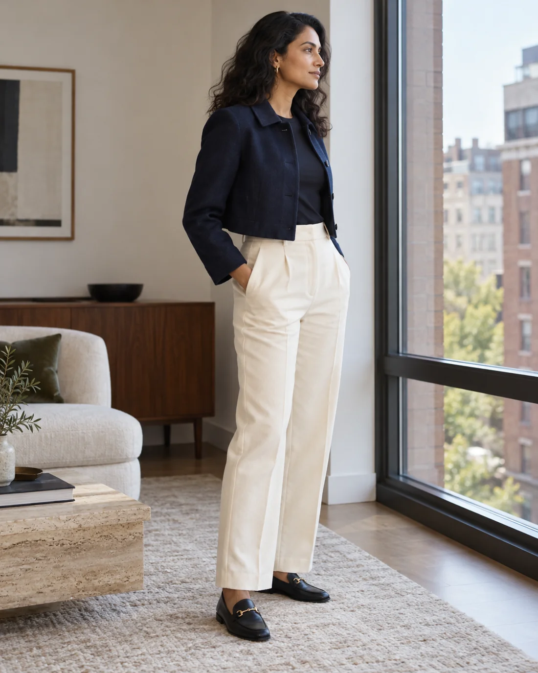 Short navy jacket with high-rise light trousers.