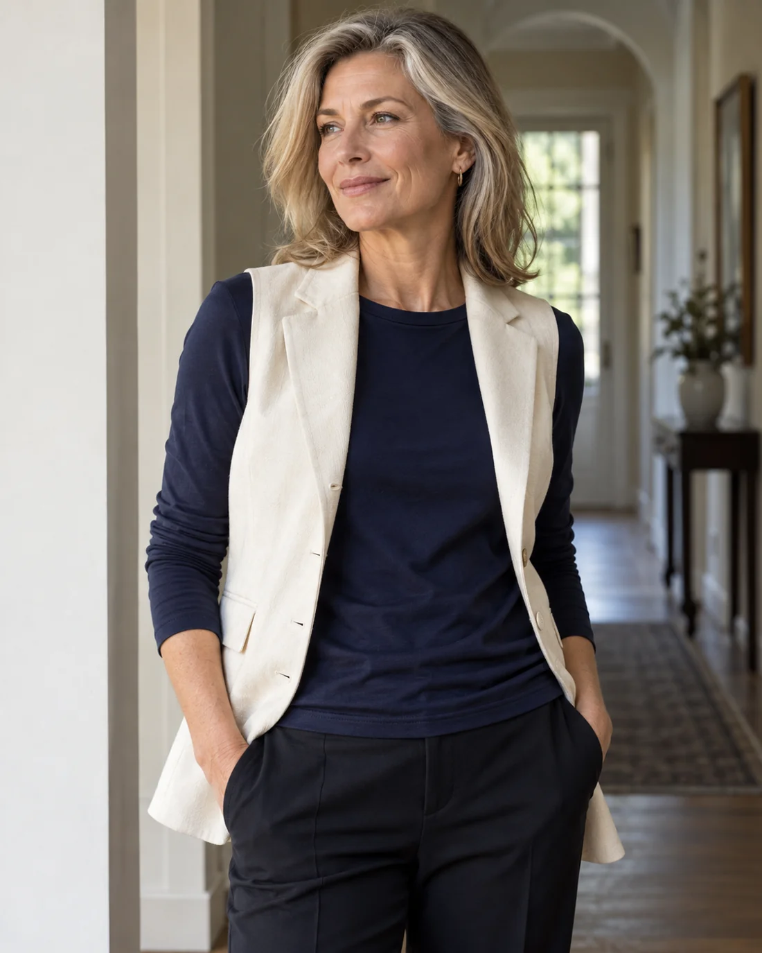 Dark long-sleeve tee visible beneath a light waistcoat.
