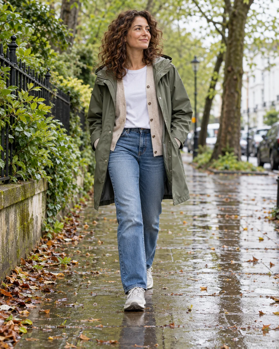 T-shirt, thin cardigan and light coat as spring layers.