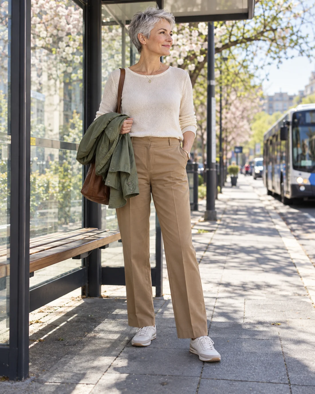 Woman in a thin knitted top carrying a light jacket over her arm.