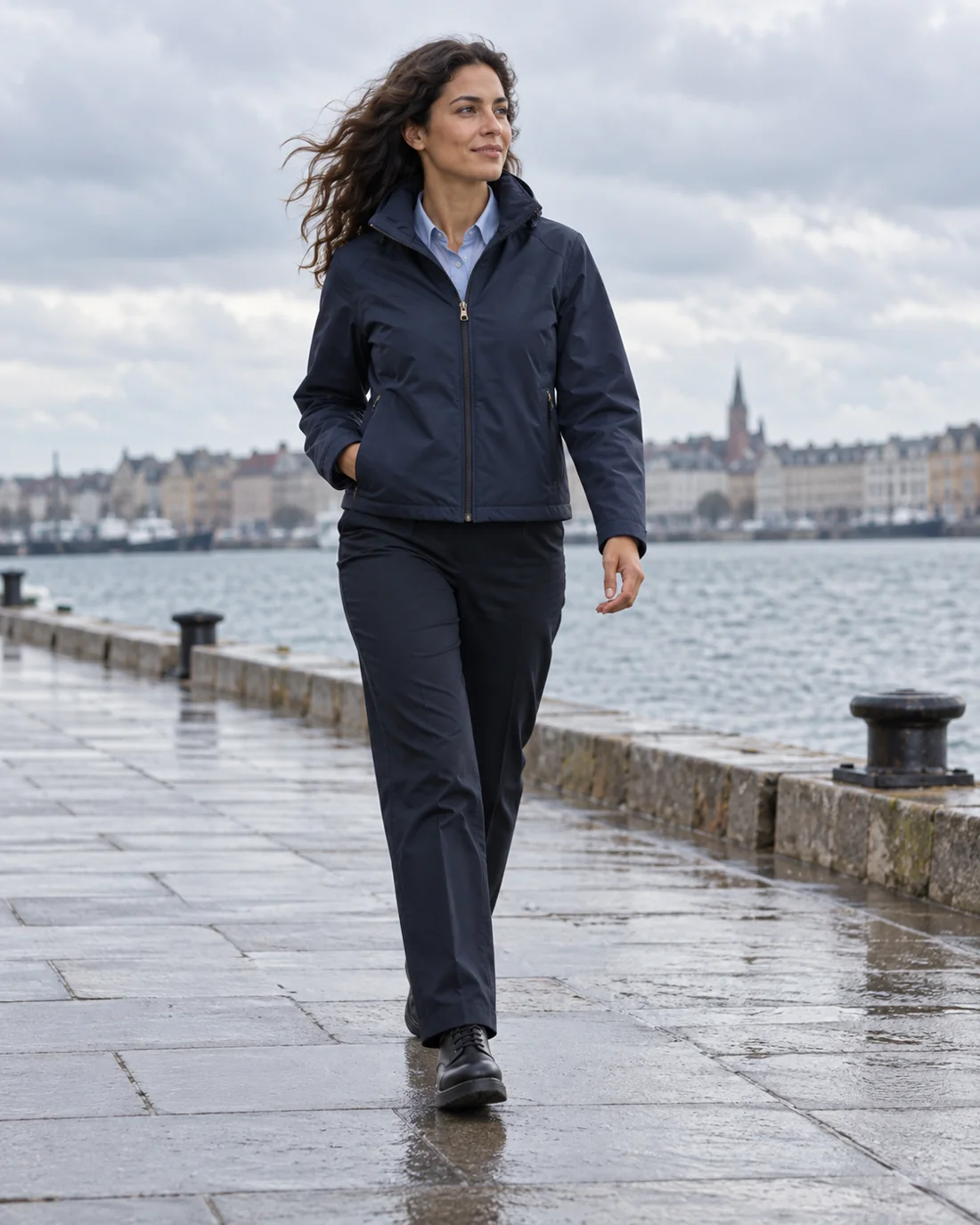 Woman in a fastened short jacket and straight trousers on a windy day.