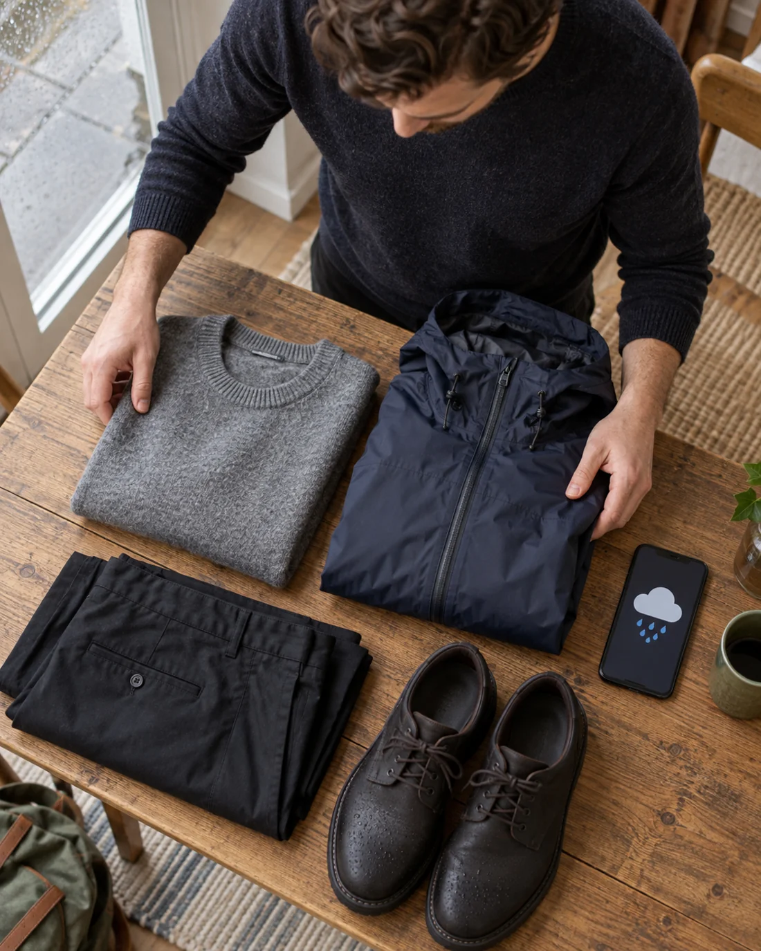 Sweater, rain jacket and shoes beside a weather display.