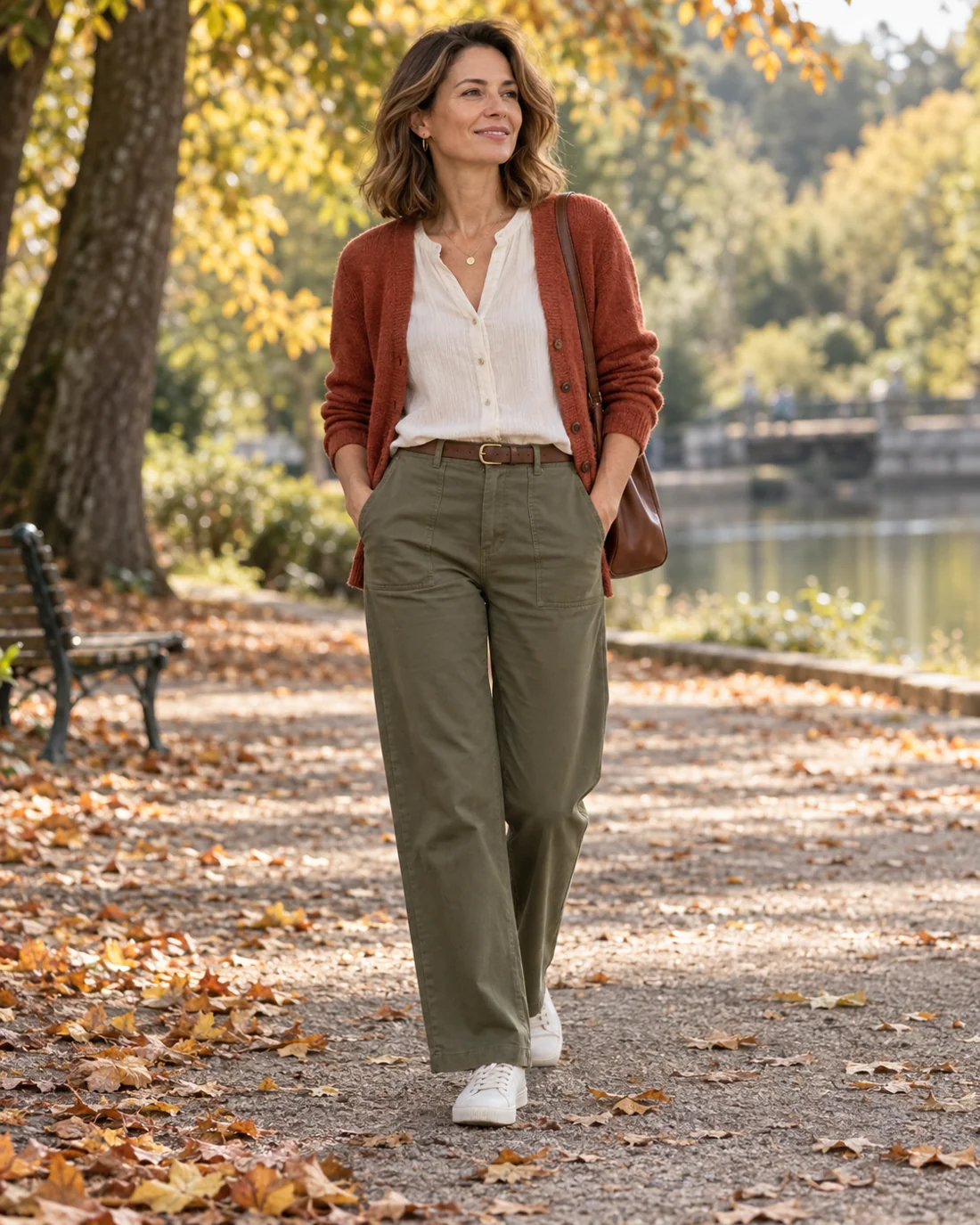 Pale blouse, rust cardigan and olive trousers.
