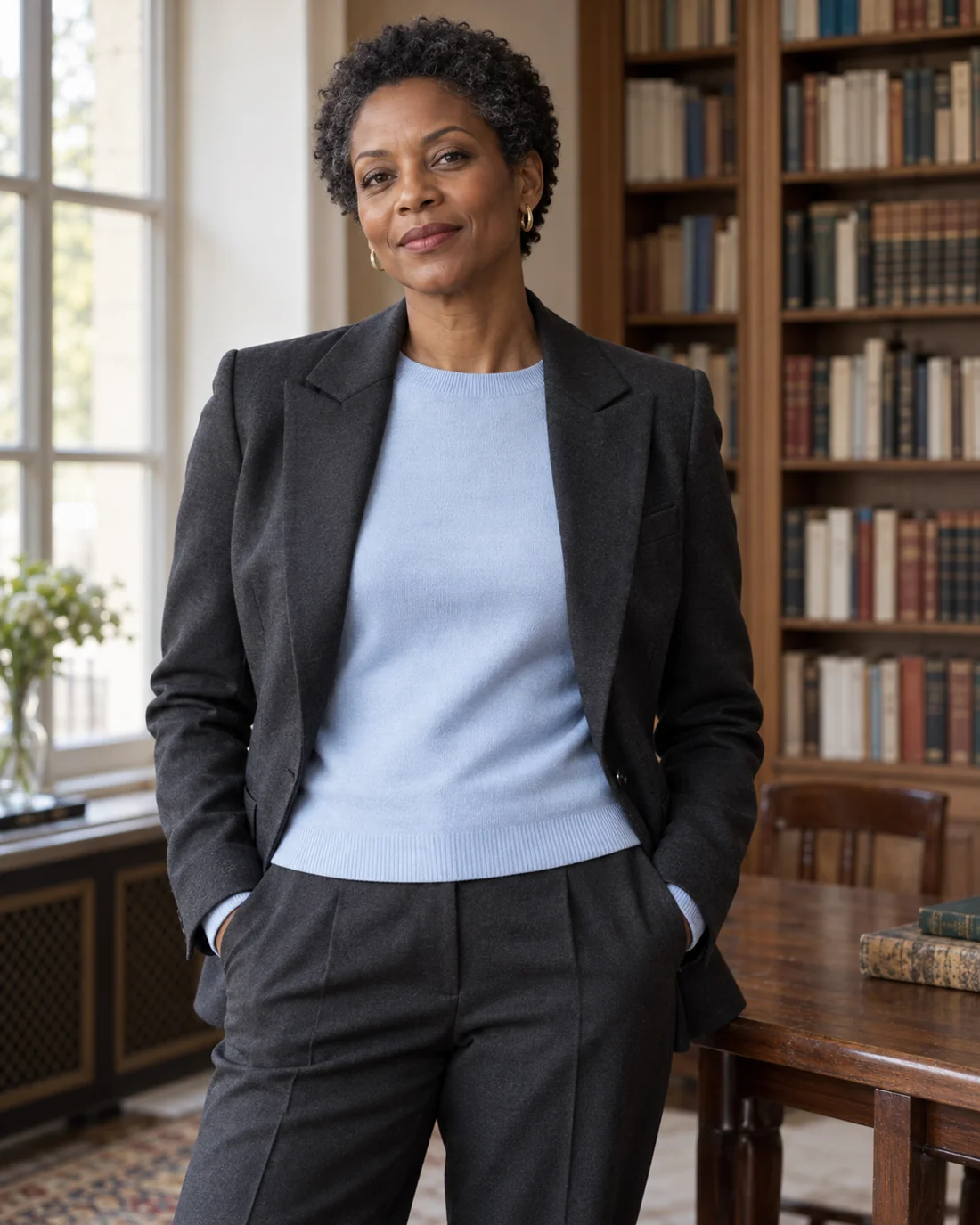 Fine pale blue knitwear beneath a dark blazer.