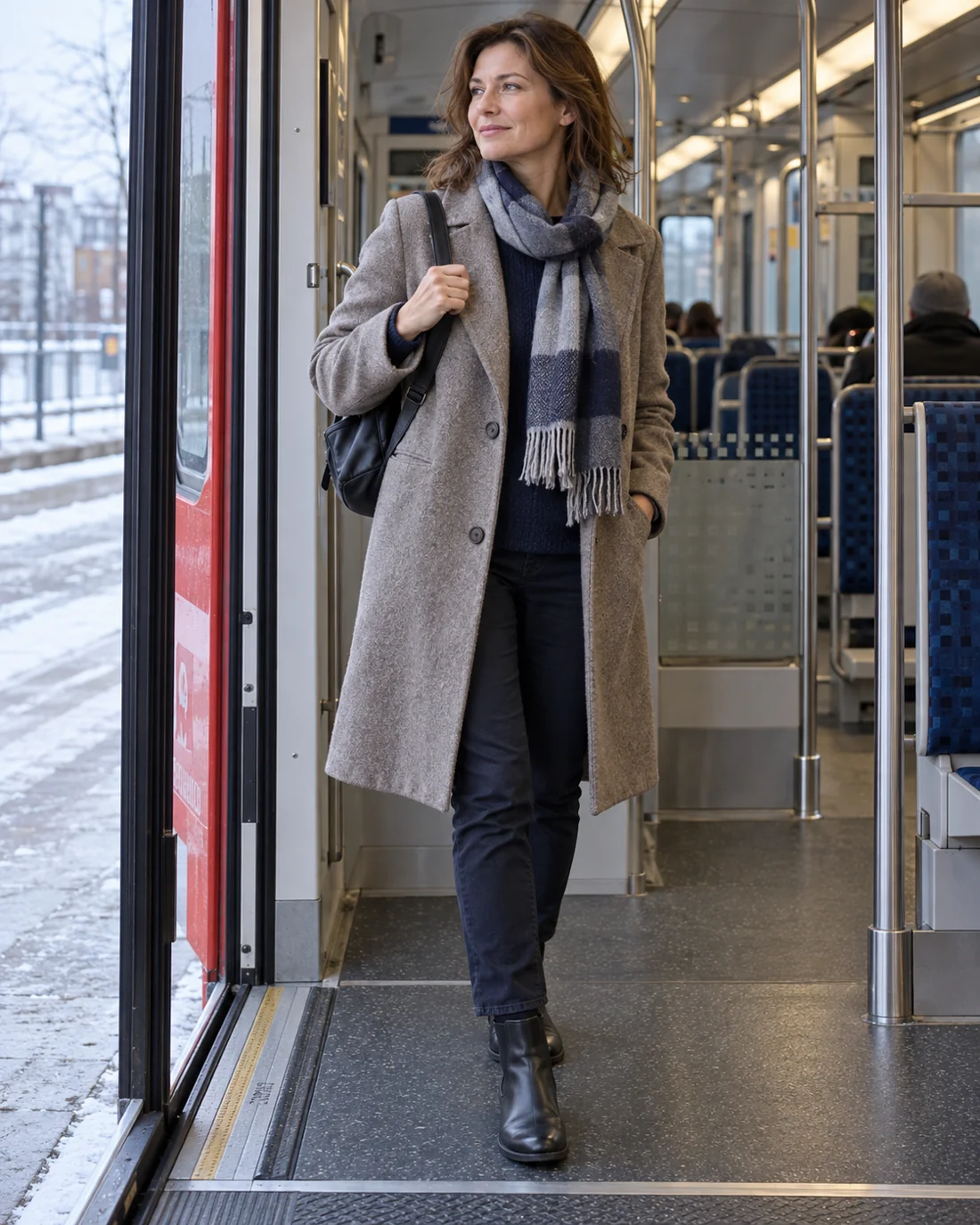 Winter clothing with a loosened scarf on a train.