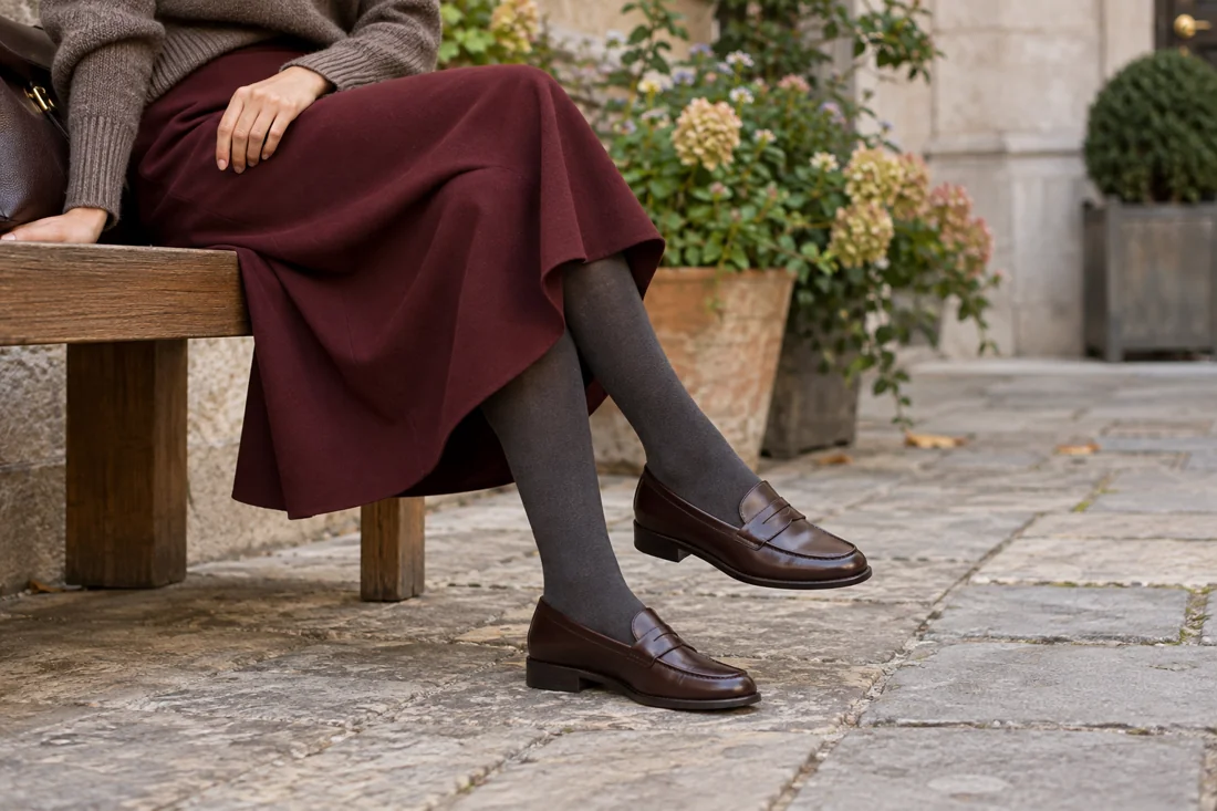 A burgundy skirt with charcoal tights and brown loafers.