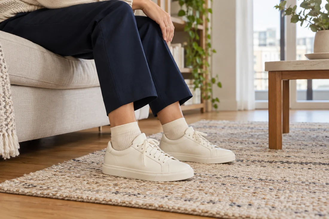Cream socks between cropped dark trousers and pale trainers.