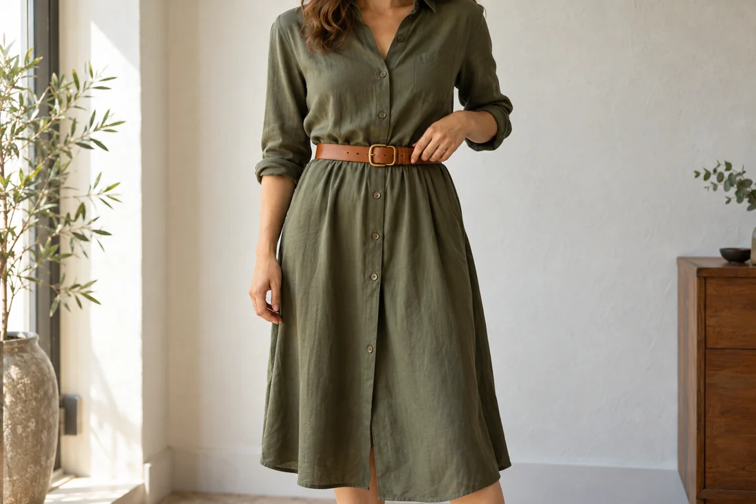A brown belt over a loosely falling olive shirt dress.