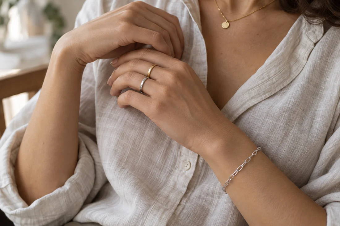 Gold- and silver-coloured rings with a silver-coloured bracelet.