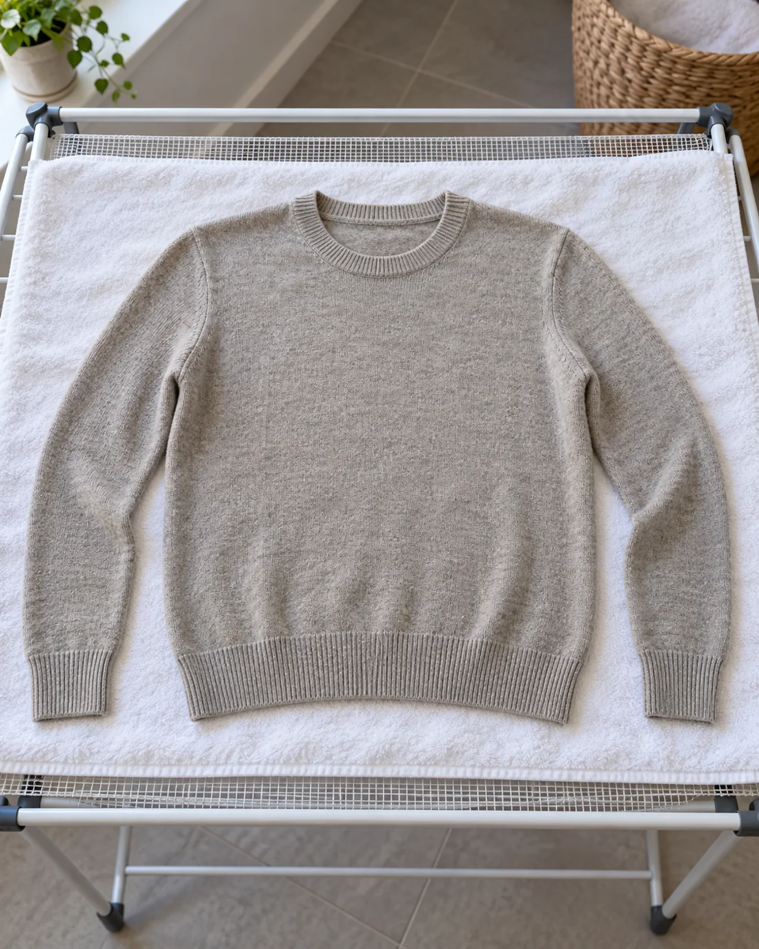 Grey knitted jumper lying fully supported on a white towel over a horizontal drying rack.