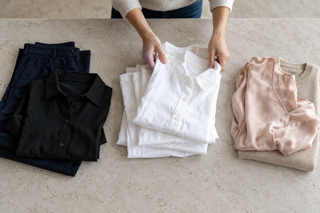 Dark, white and delicate garments are separated on a work surface.