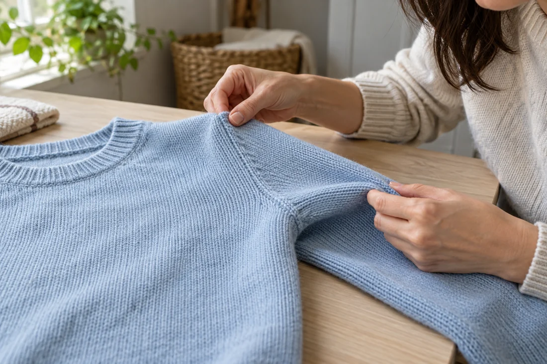 The seam of a blue knitted jumper is checked before washing.