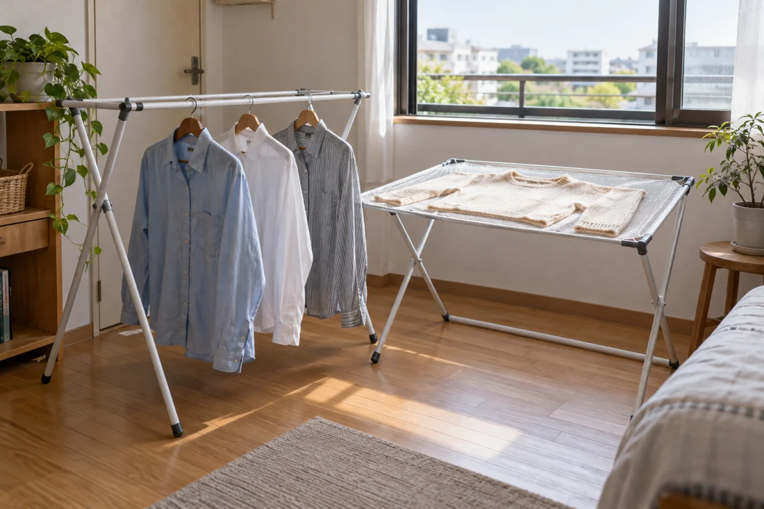 An airy drying area with hanging shirts and knitwear laid flat.