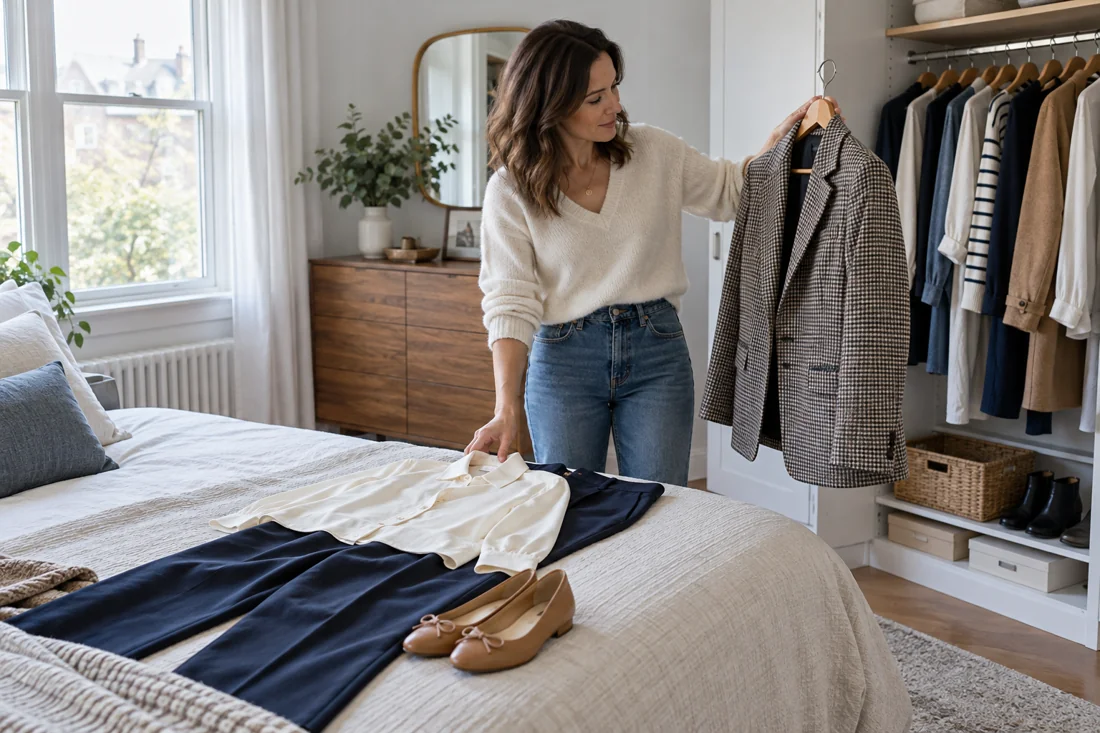 A woman compares a jacket with a complete outfit laid out nearby.