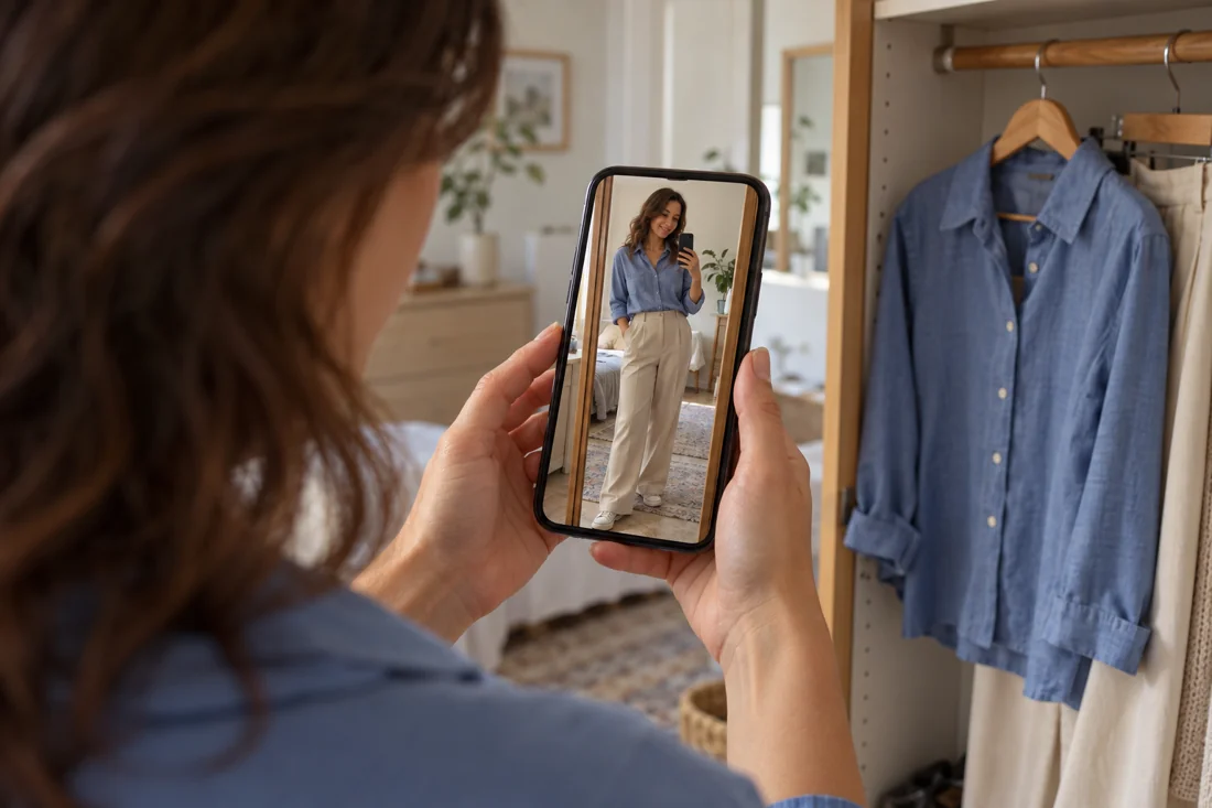 A saved outfit photograph on a smartphone beside the matching garments.