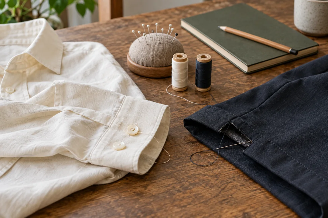 A shirt button and open trouser hem represent two small repair tasks.
