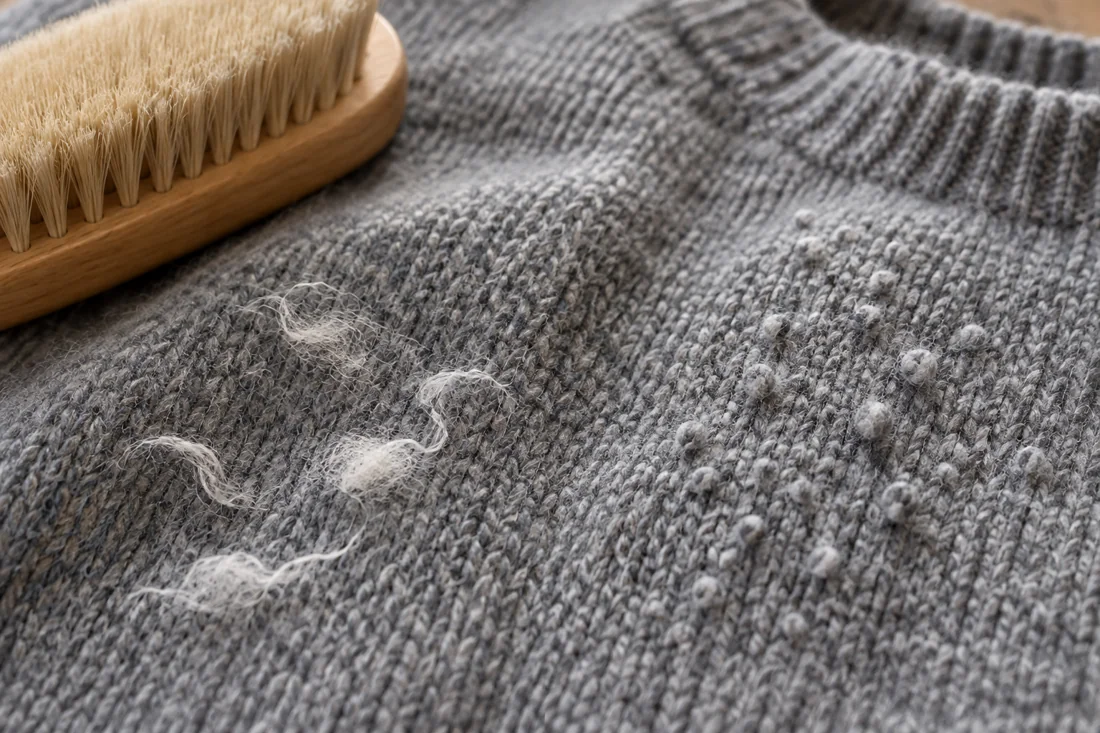 Loose pale lint and small pills on grey knitwear beside a clothes brush.