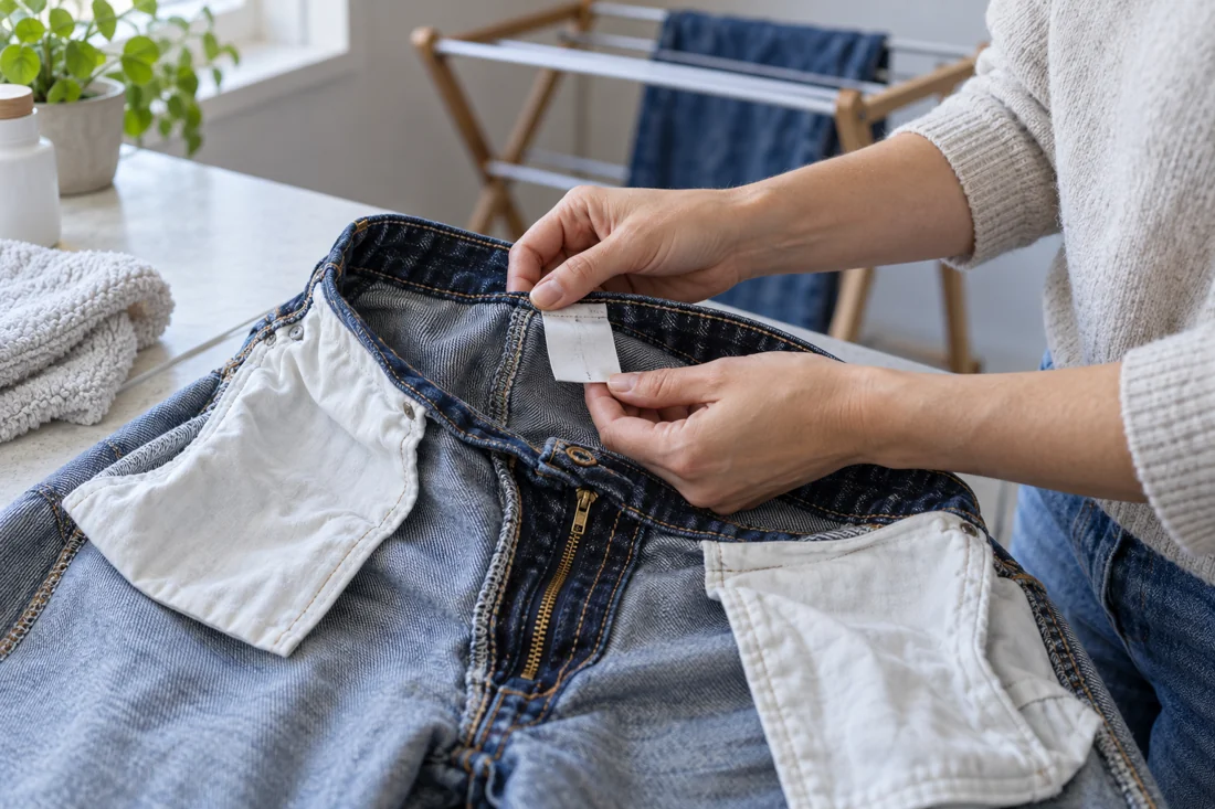 Inside-out jeans are inspected at their sewn-in label.