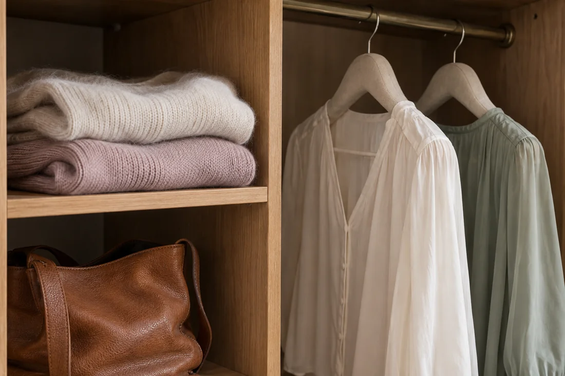 Folded fine knitwear and spaced blouses on padded wardrobe hangers.