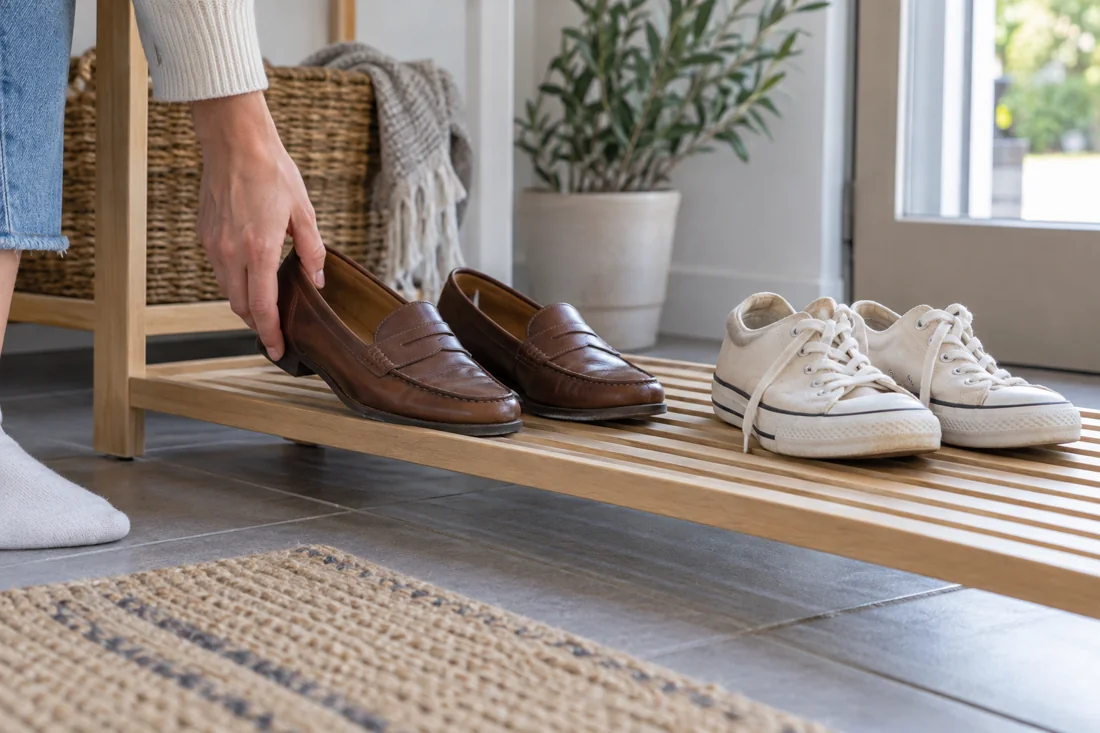 Worn loafers and canvas shoes sit apart on an open shoe shelf.