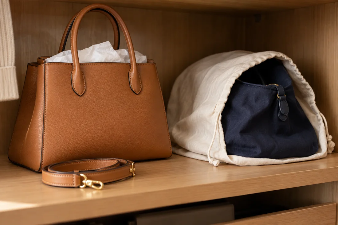 A supported leather bag and a fabric bag in an open protective cover.