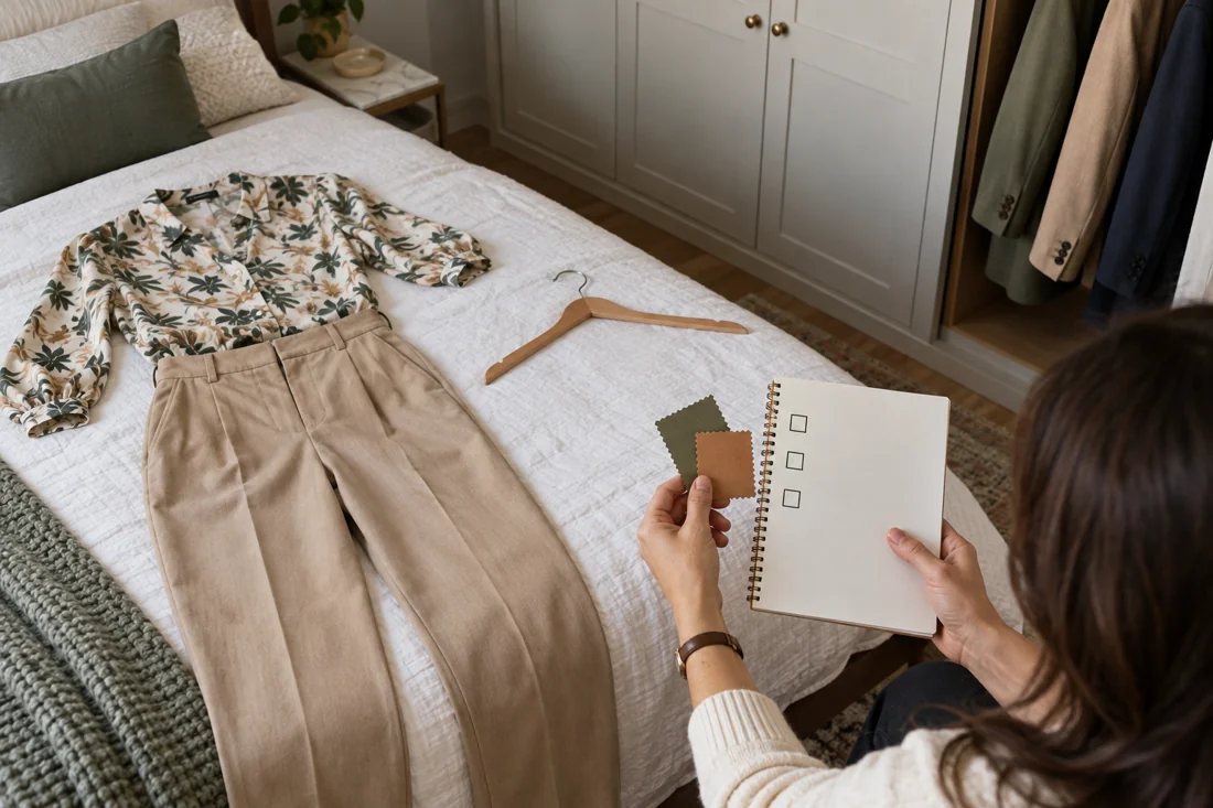 An outfit laid out for comparison with fabric colours and a short list.