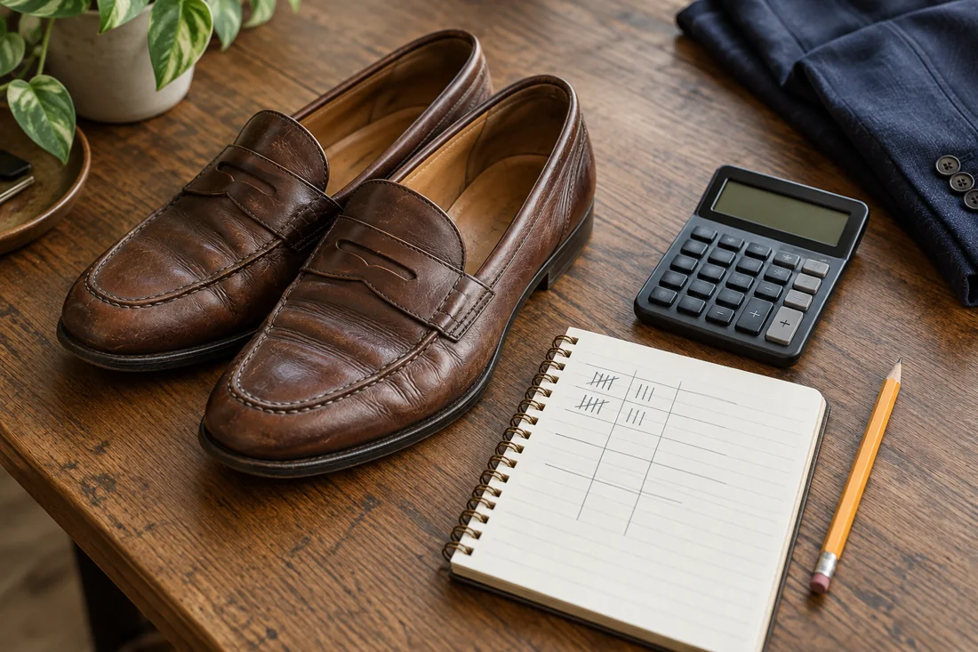 Worn loafers beside a calculator and a notebook with tally marks.